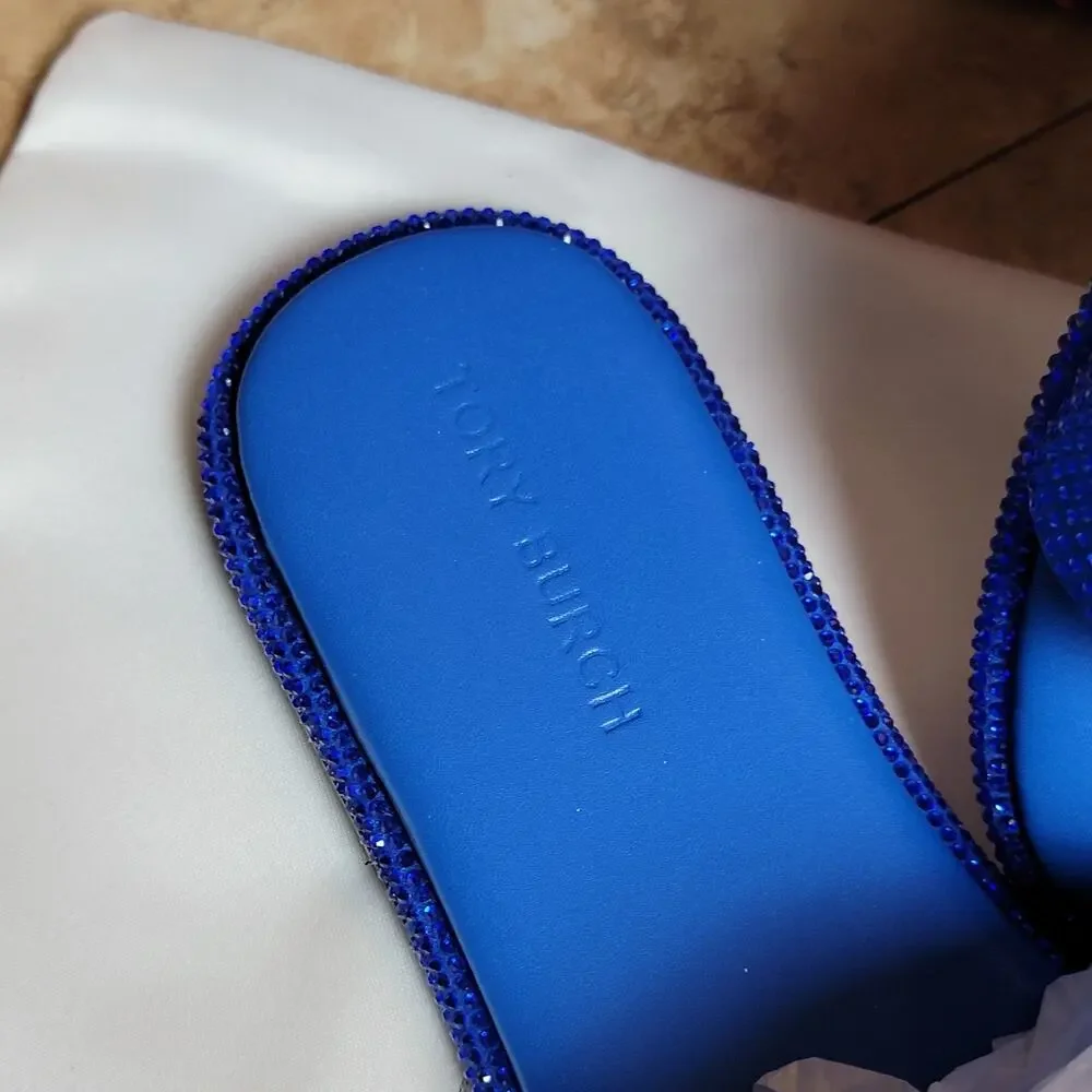 Womens Blue Leather Rhinestone Bling Flats Sz 8 39 Sandals Gold Decor Slides New